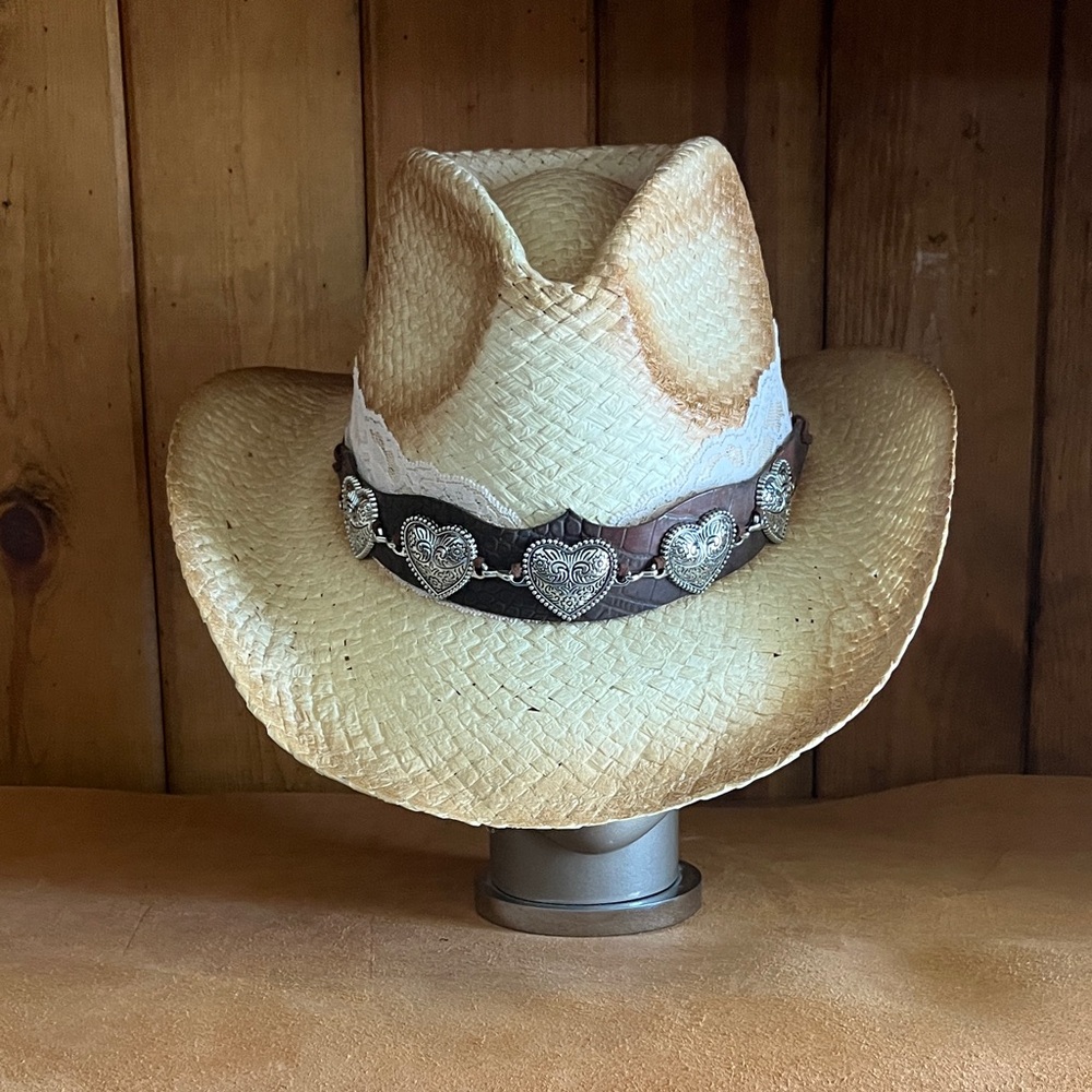 Fiesta Natural Burnout Western Straw Cowboy Hat with Brown Heart Band
